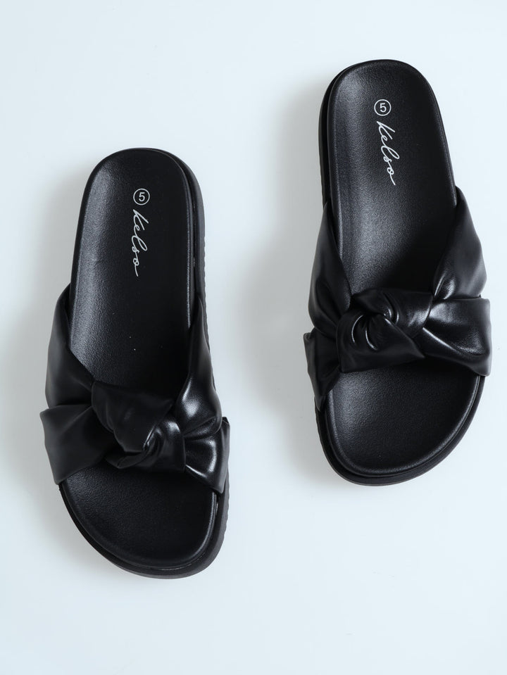 Knotted Band Flatform Mule Sandal - Black