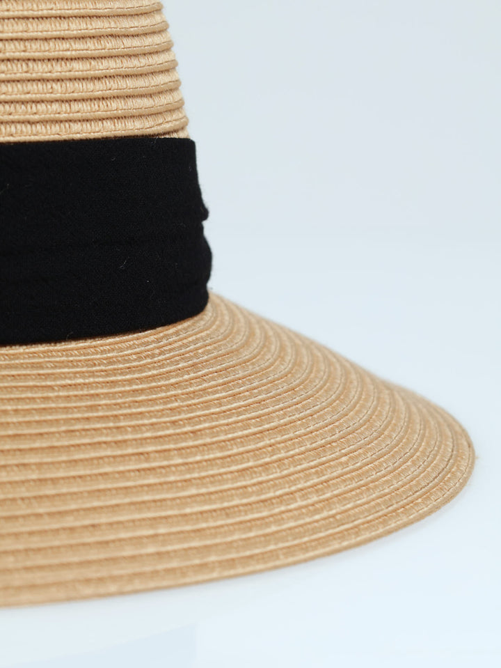 Folded Ribbon Turn Down Brim Sunhat - Tan