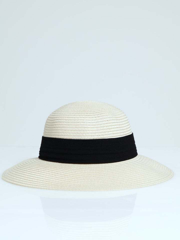 Folded Ribbon Turn Down Brim Sunhat - Beige