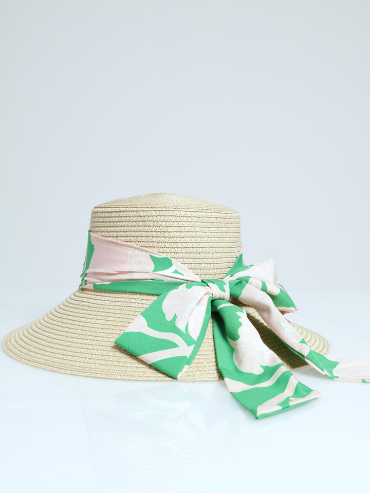 Floral Ribbon Turned Down Sunhat - Beige