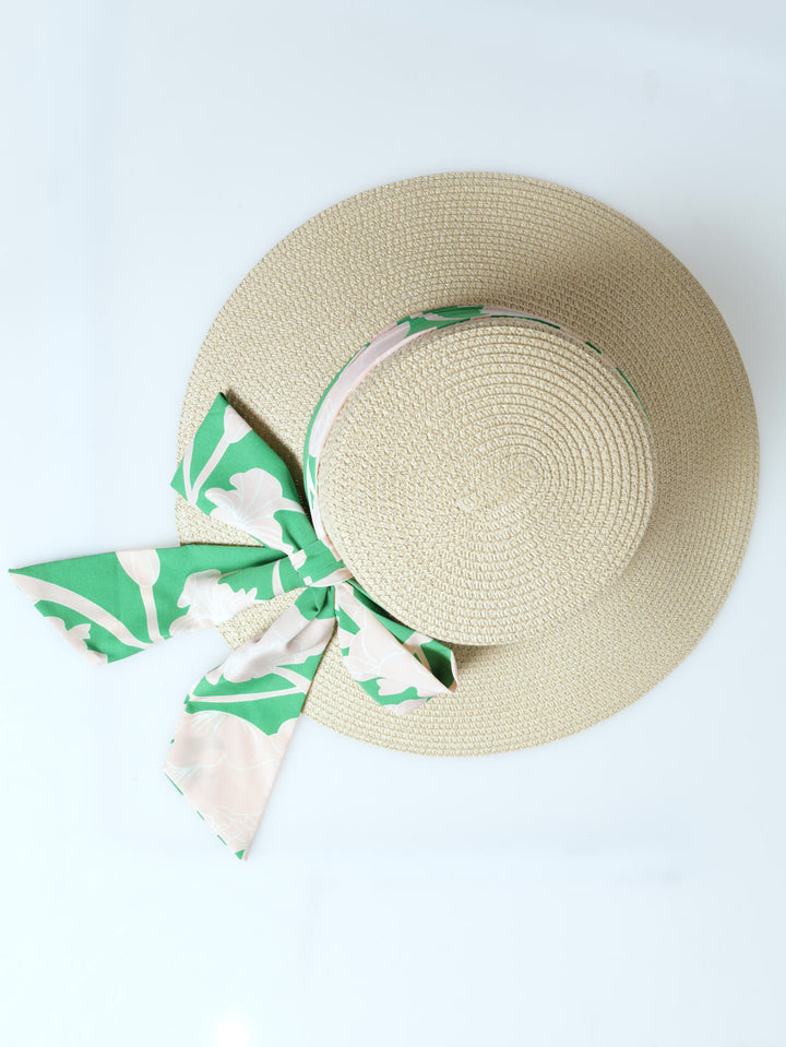 Floral Ribbon Turned Down Sunhat - Beige