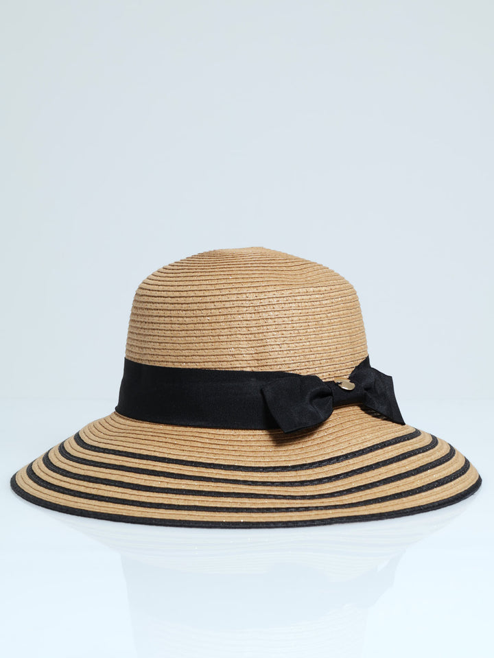 Stripe Turn Down Brim Rounded Crown Sunhat - Tan