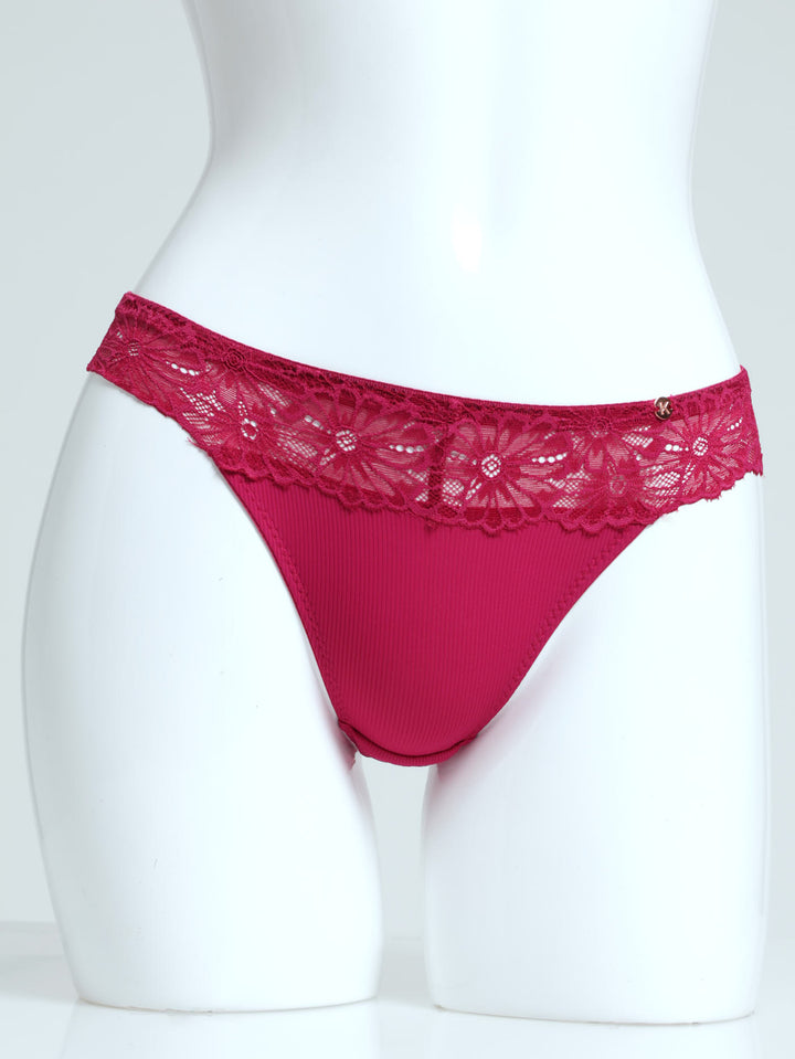 3 Pack Ribbed Microfibre & Lace Thong - Pink/Indigo/Slate