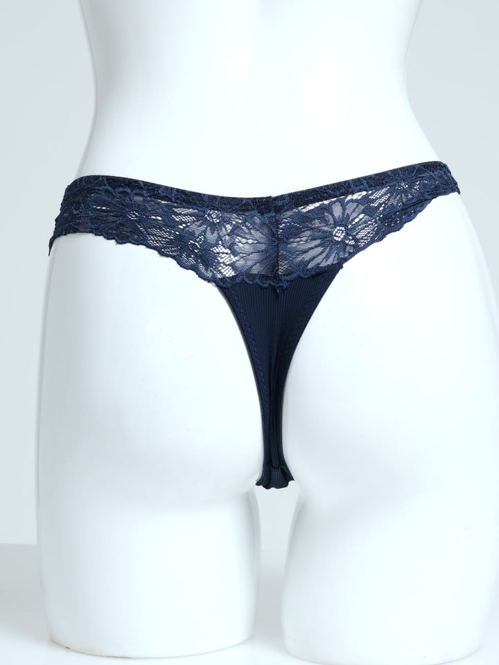 3 Pack Ribbed Microfibre & Lace Thong - Pink/Indigo/Slate