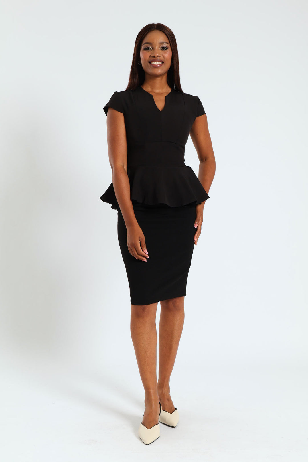 Notch Neck Peplum Work Blouse - Black