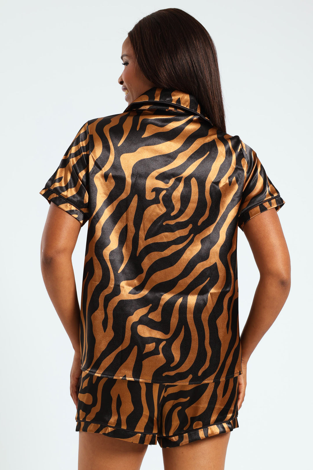 Animal Print Satin Button Through Shirt & Short Set - Black/Brown