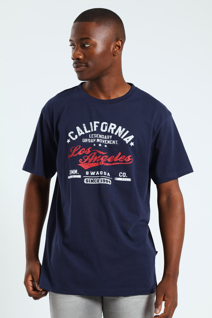 Short Sleeve Basic Print Tee - Navy