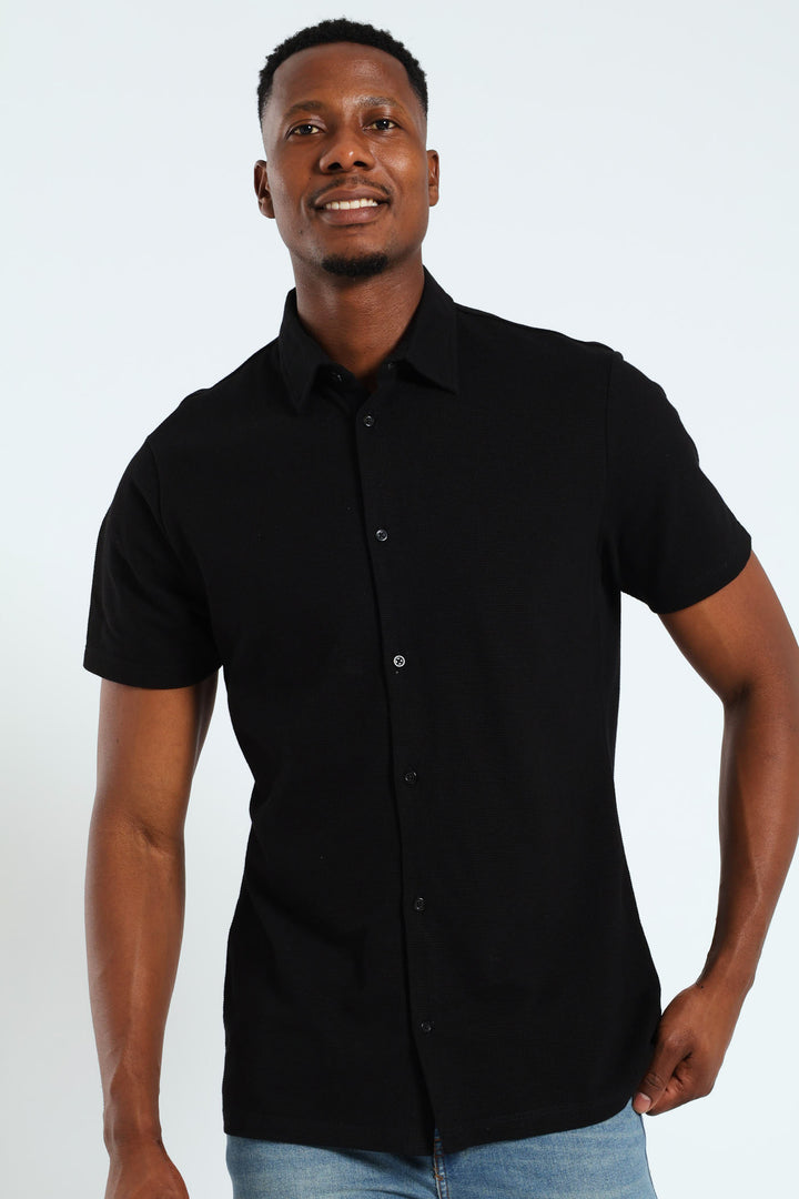 Button Through Mini Waffle Weave Shirt - Black