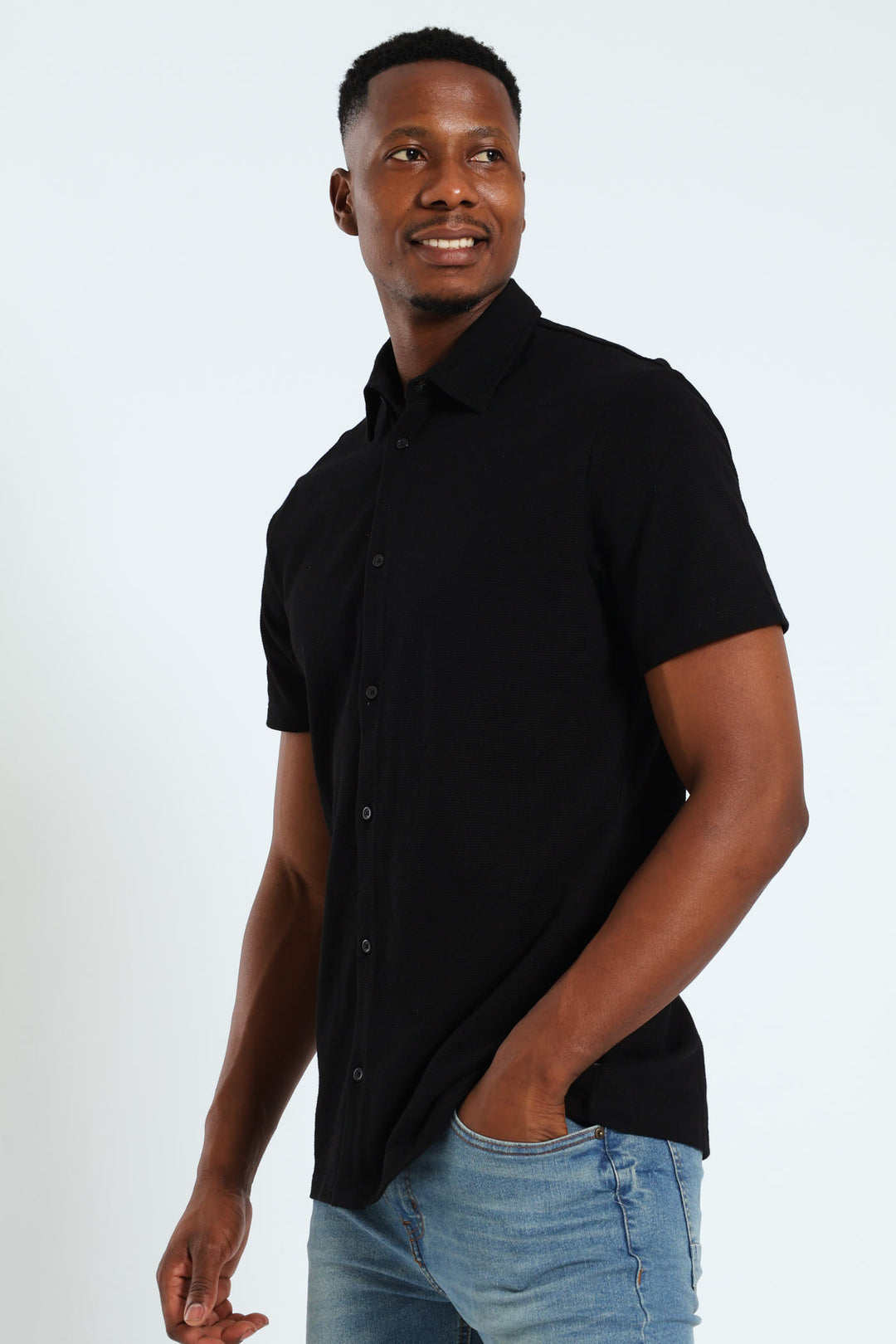 Button Through Mini Waffle Weave Shirt - Black