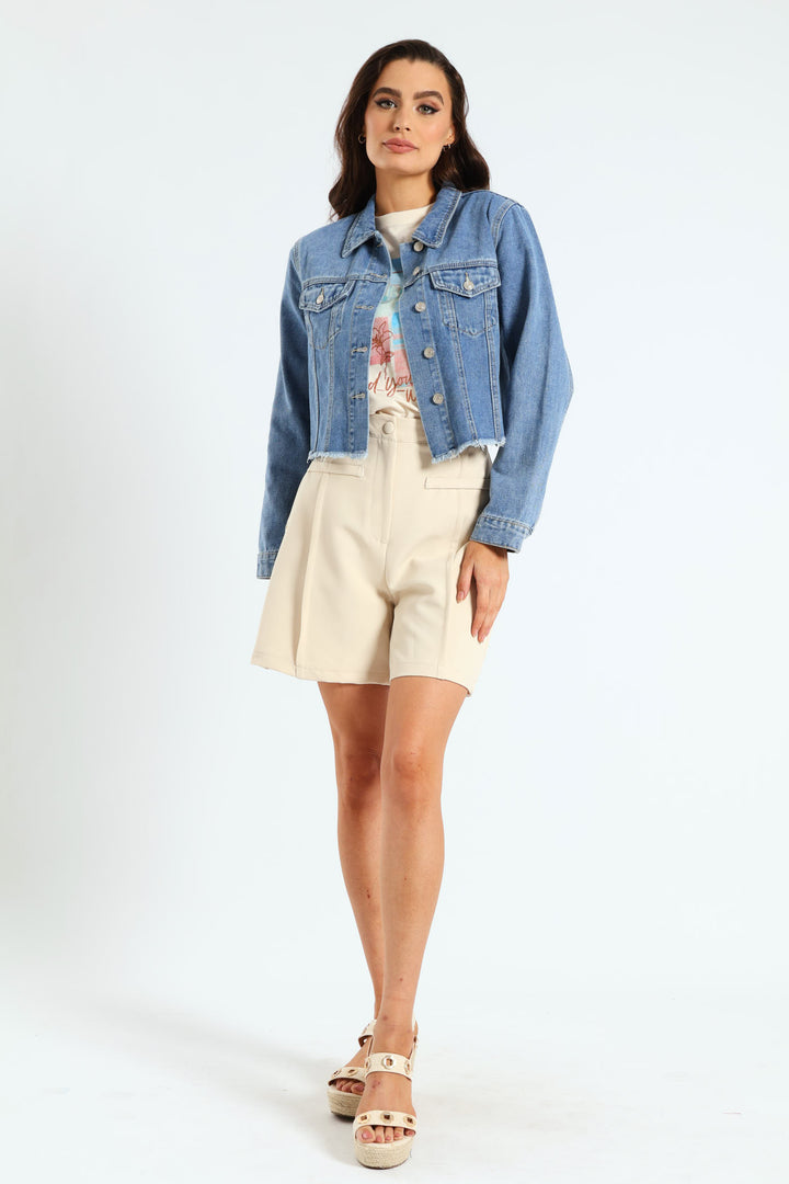 Long Sleeve Cropped Raw Hem Denim Jacket - Mid Blue