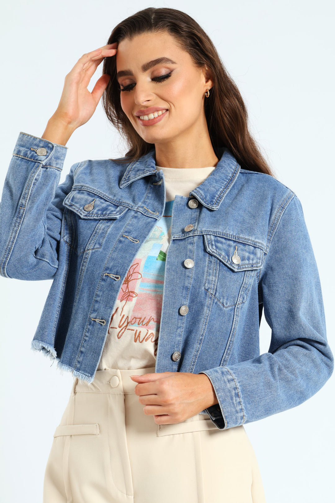 Long Sleeve Cropped Raw Hem Denim Jacket - Mid Blue