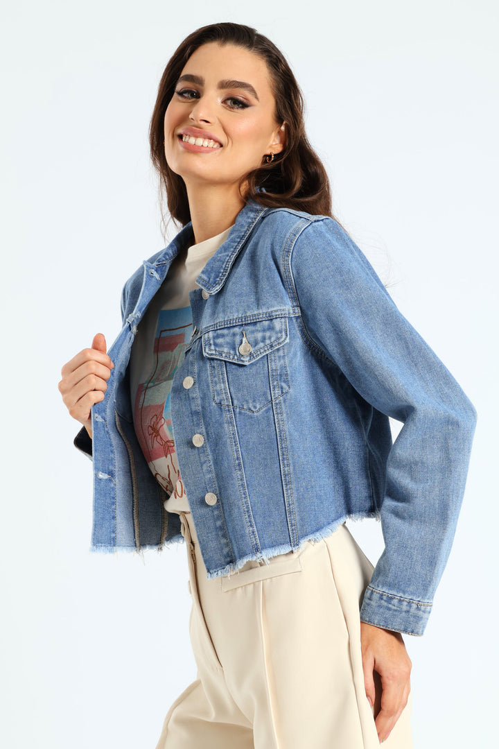 Long Sleeve Cropped Raw Hem Denim Jacket - Mid Blue