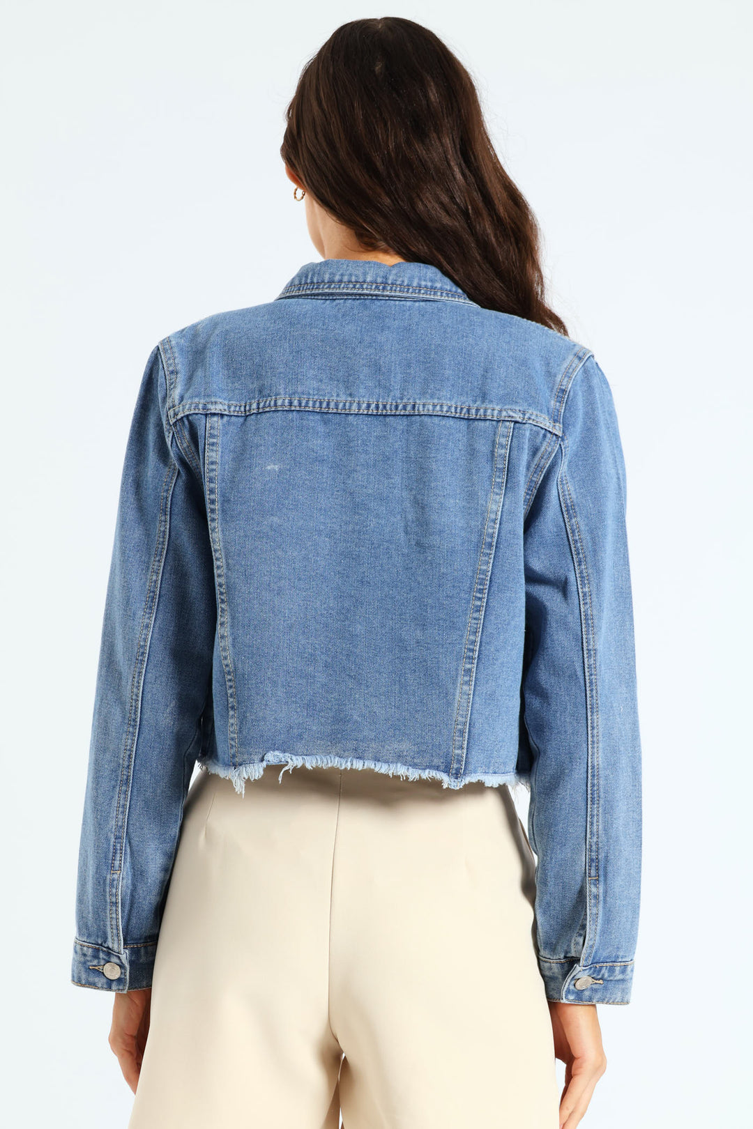 Long Sleeve Cropped Raw Hem Denim Jacket - Mid Blue