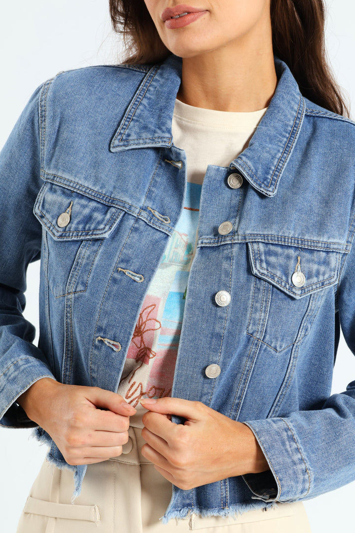 Long Sleeve Cropped Raw Hem Denim Jacket - Mid Blue