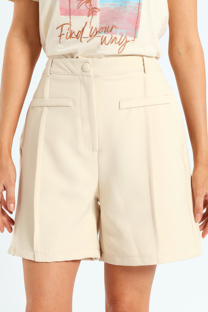 Pin Tuck Bermuda Short - Cream