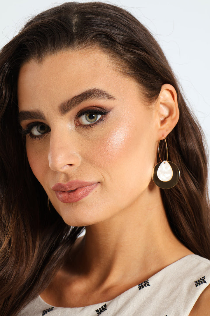 Shell Disc Drop Hoop Earrings - Gold