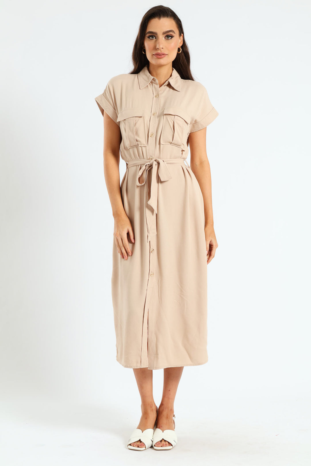 Belted Utility Shirt Dress - Stone