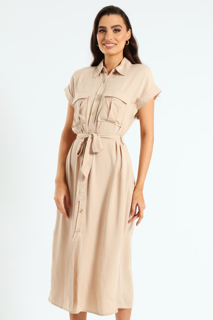 Belted Utility Shirt Dress - Stone