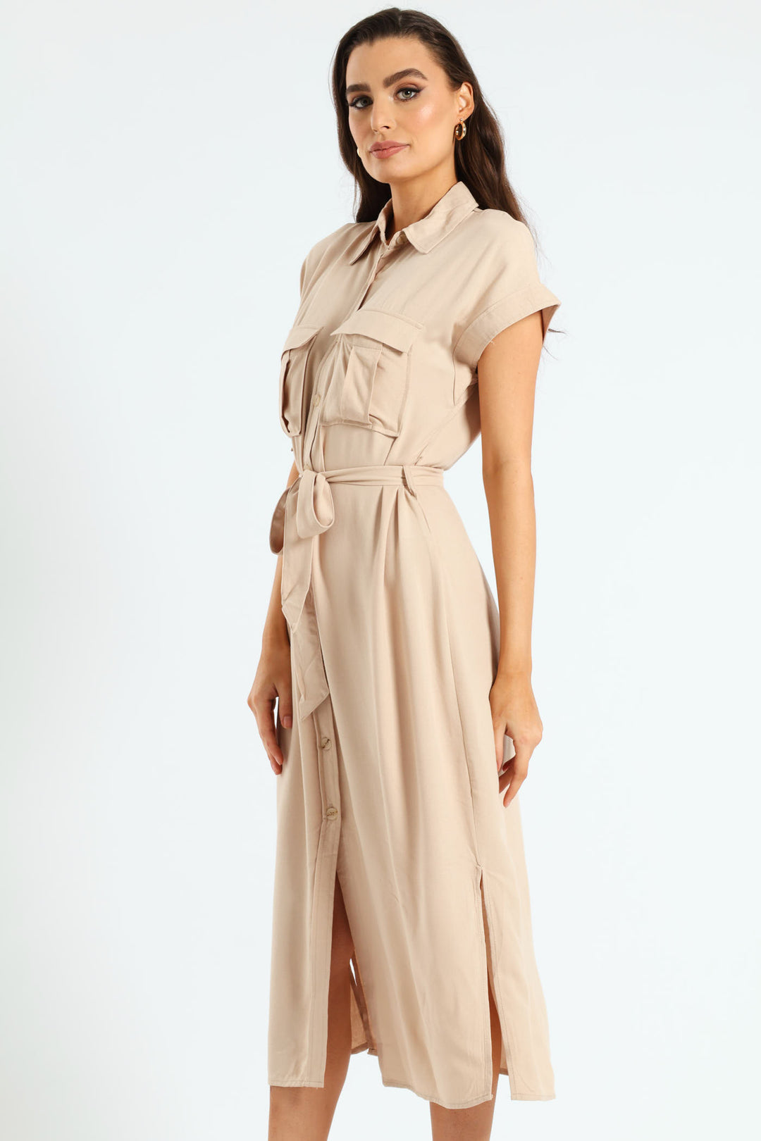 Belted Utility Shirt Dress - Stone