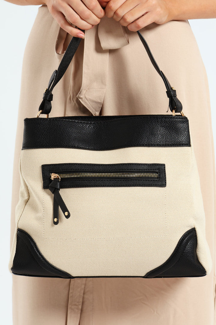 Colourblock Gold Zip Large Tote Bag - Cream