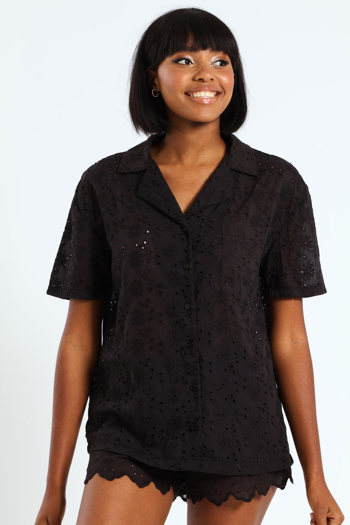 Anglaise Button Through Short Set - Black