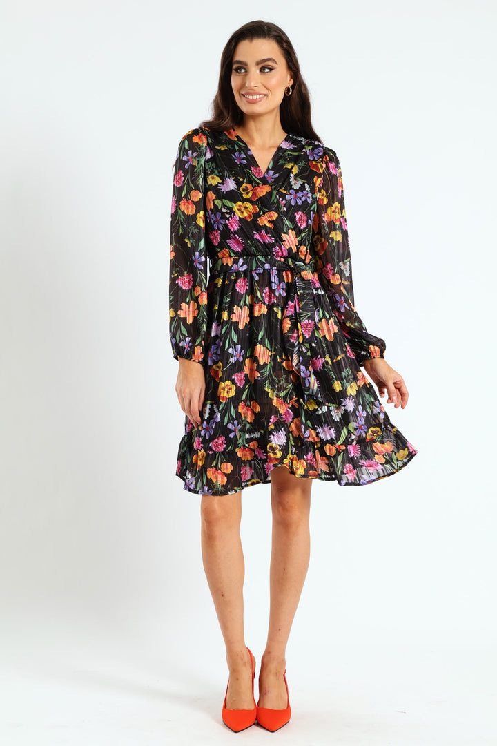 Wrap Waisted Tiered Frill Tea Dress - Black