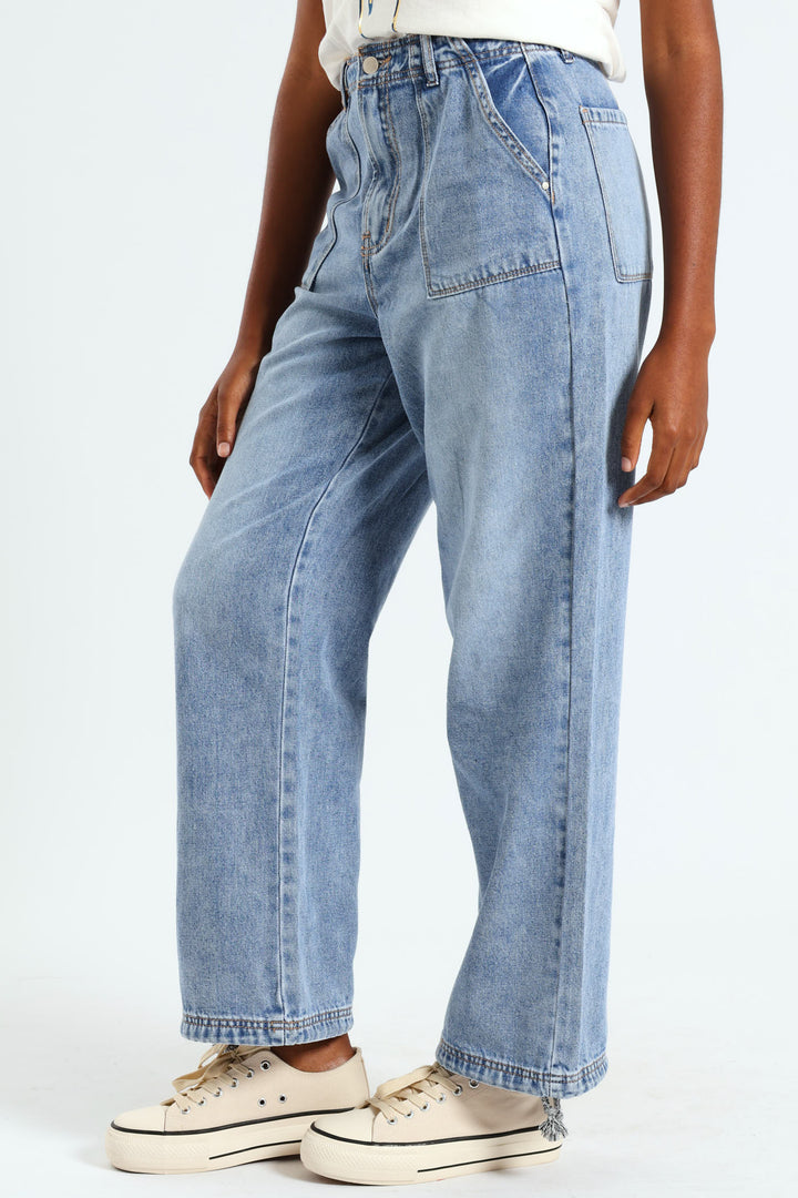 Utility Ankle Grazer Wideleg Jean - Salty Mid Wash