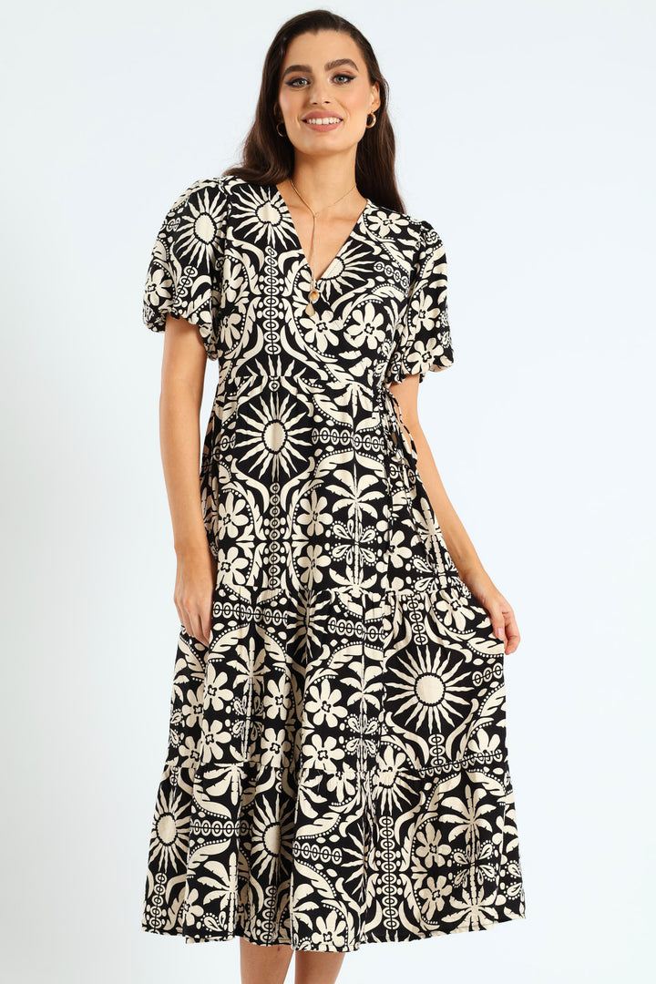 Bubble Sleeve Tiered Wrap Midi Dress - Black/Beige