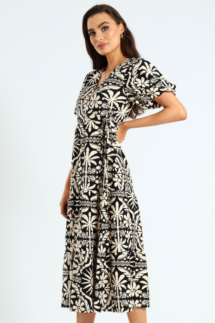 Bubble Sleeve Tiered Wrap Midi Dress - Black/Beige