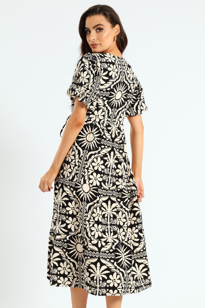 Bubble Sleeve Tiered Wrap Midi Dress - Black/Beige