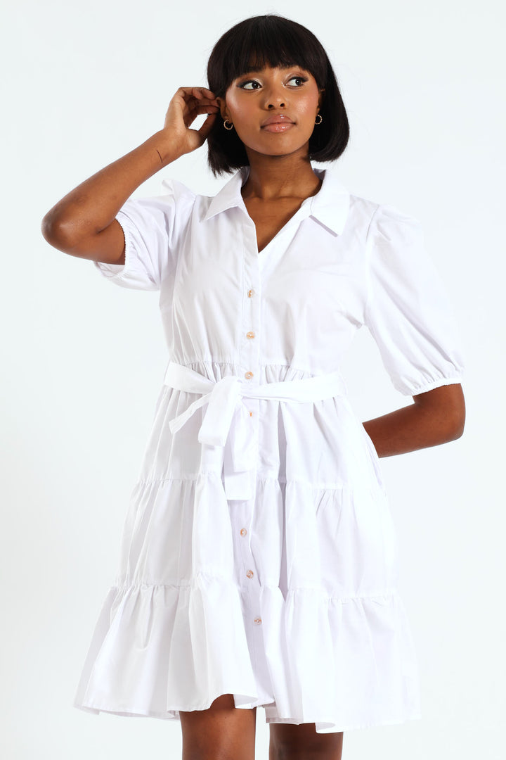 Collared Belted Tiered Shirt Dress - White