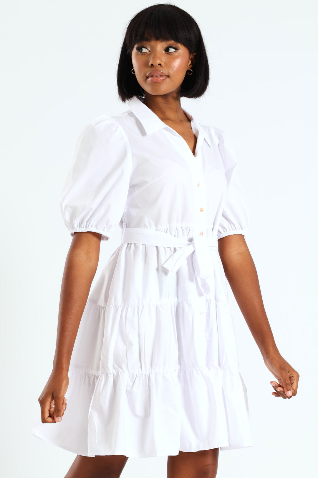 Collared Belted Tiered Shirt Dress - White