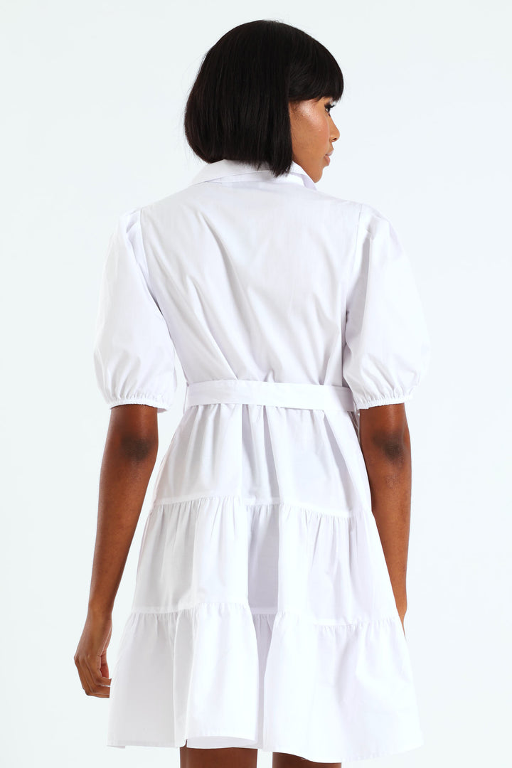 Collared Belted Tiered Shirt Dress - White