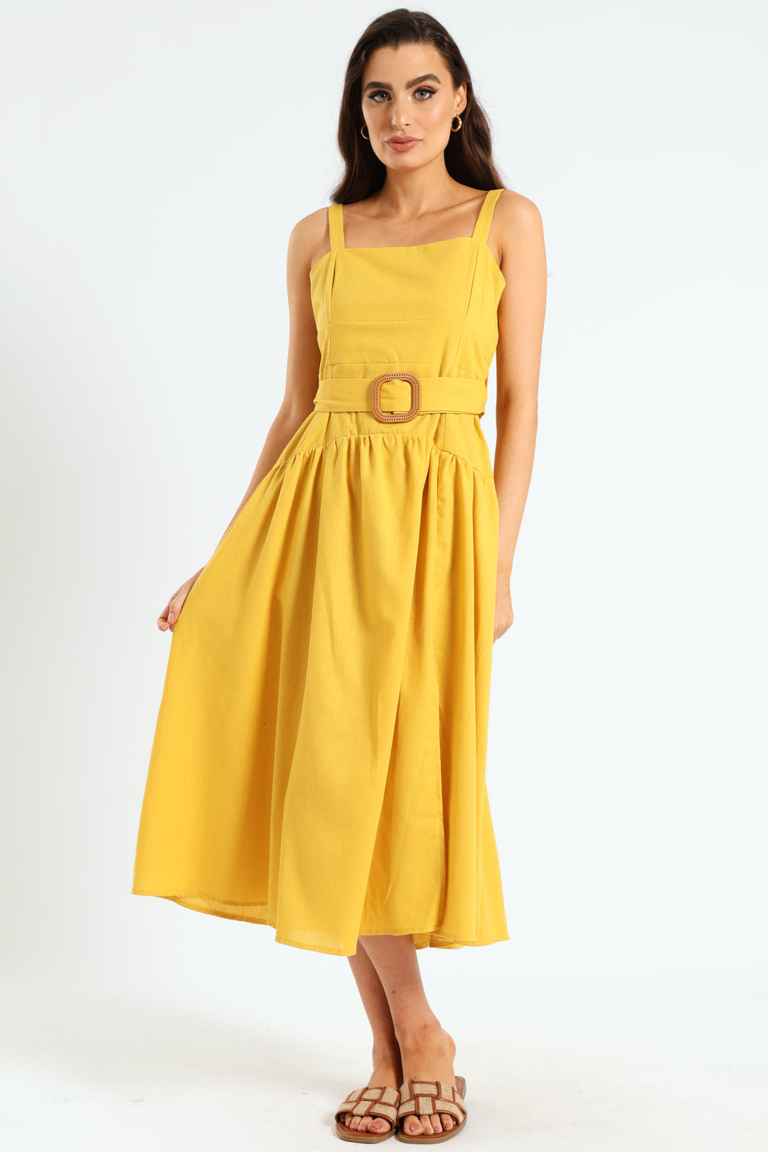 Strappy Belted Pleated Slit Midi Dress - Mustard