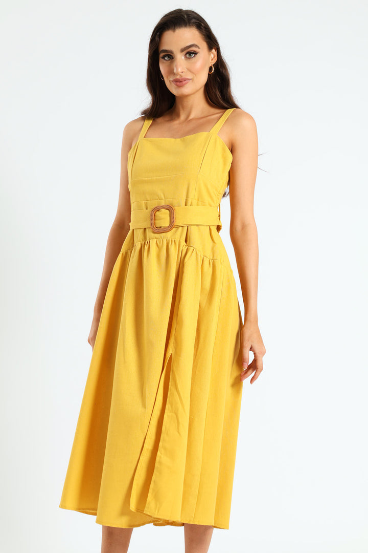 Strappy Belted Pleated Slit Midi Dress - Mustard