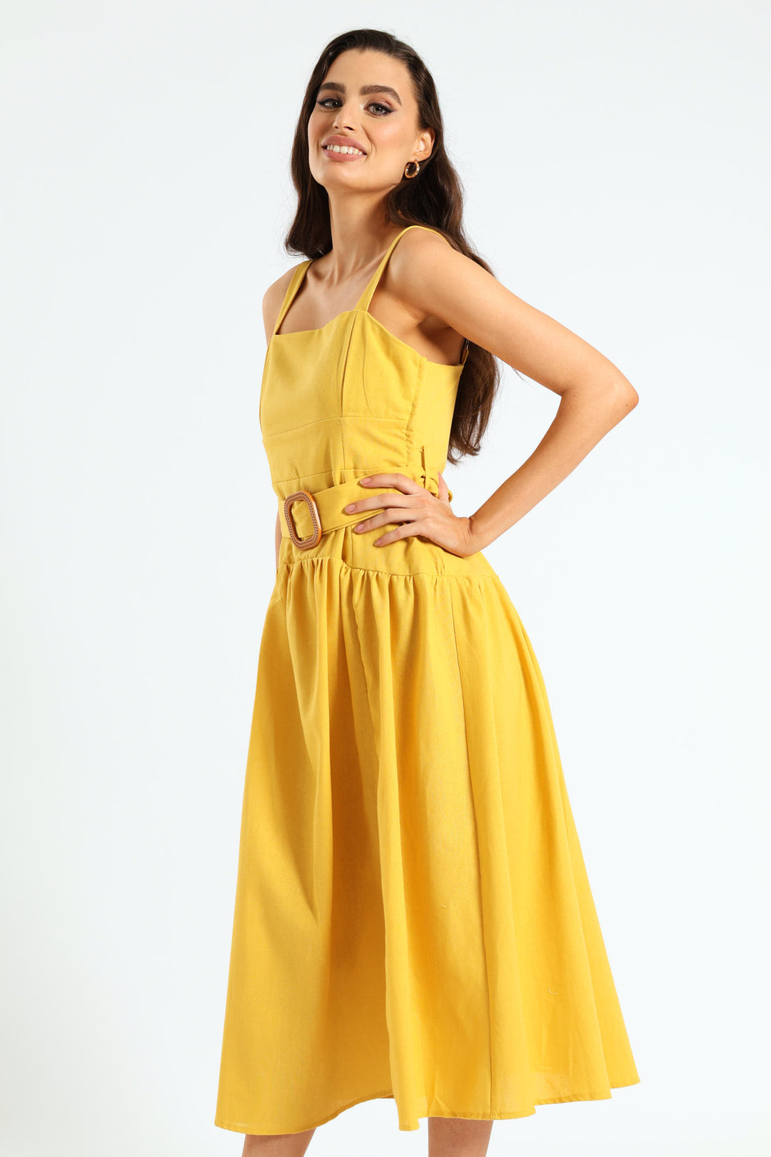 Strappy Belted Pleated Slit Midi Dress - Mustard