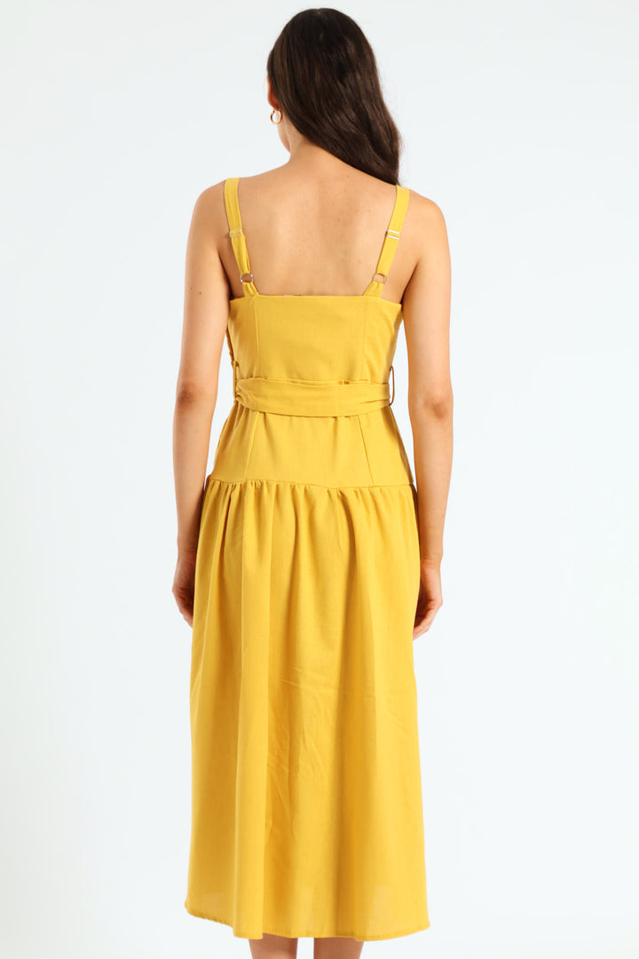 Strappy Belted Pleated Slit Midi Dress - Mustard