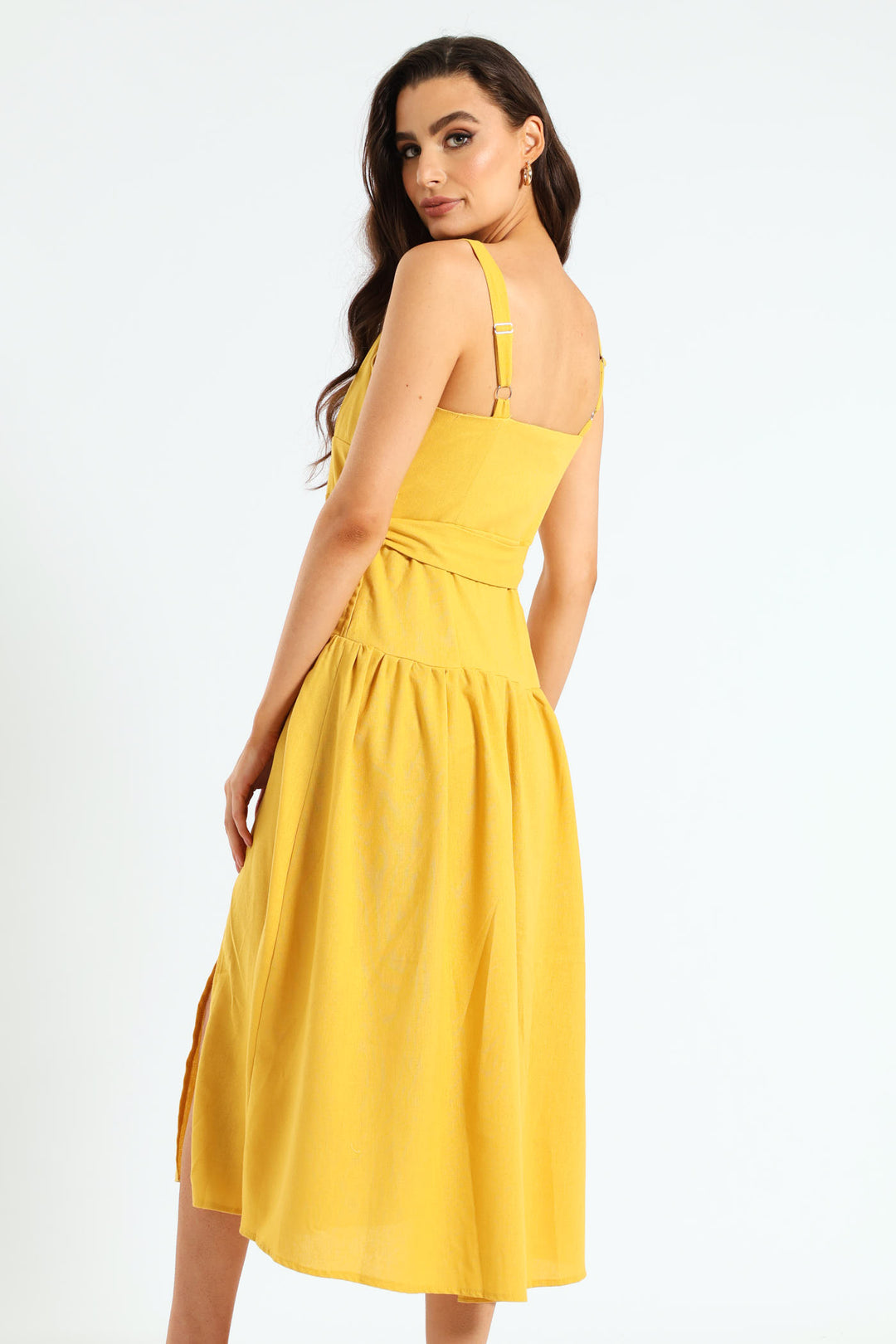 Strappy Belted Pleated Slit Midi Dress - Mustard