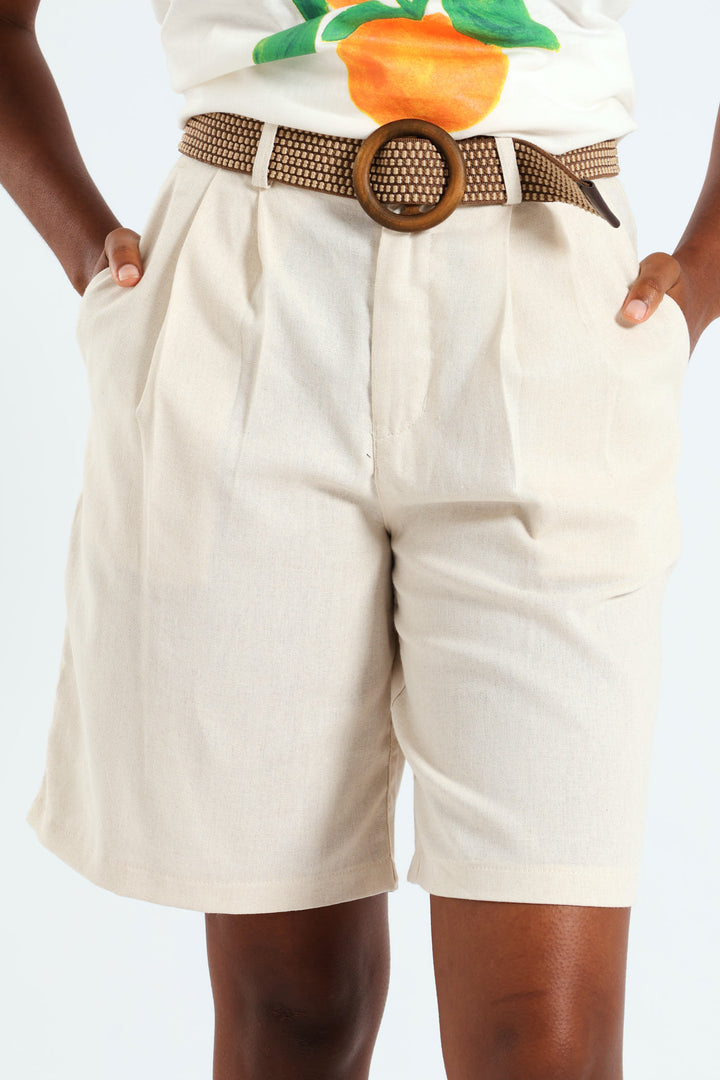 Raffia Belted Pleated Bermuda Shorts - Oatmeal Melange