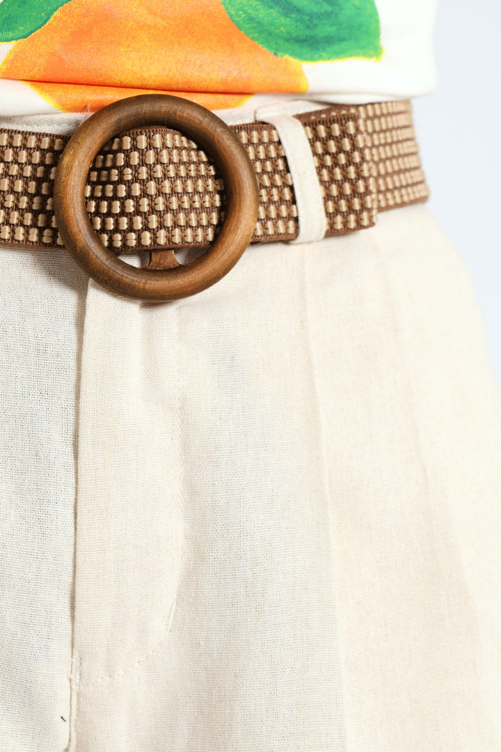 Raffia Belted Pleated Bermuda Shorts - Oatmeal Melange