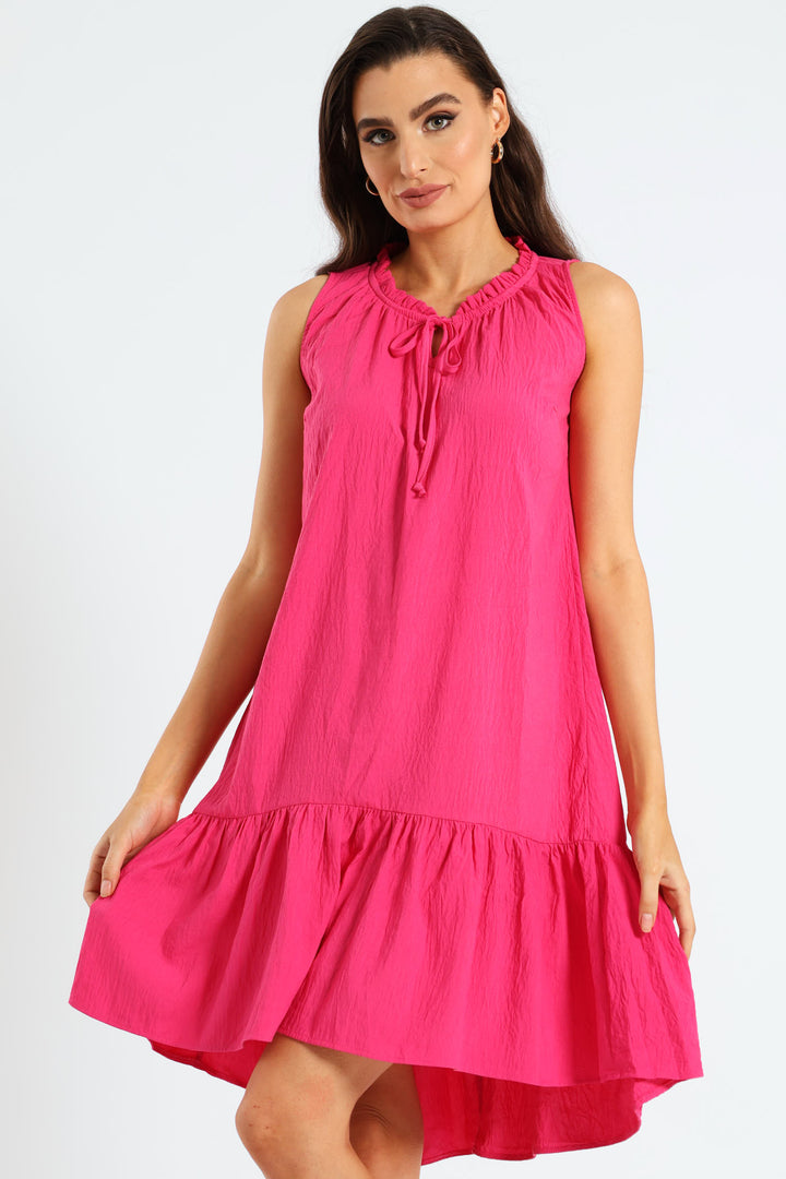 Frill Neck Drop Hem Dress - Fuchsia