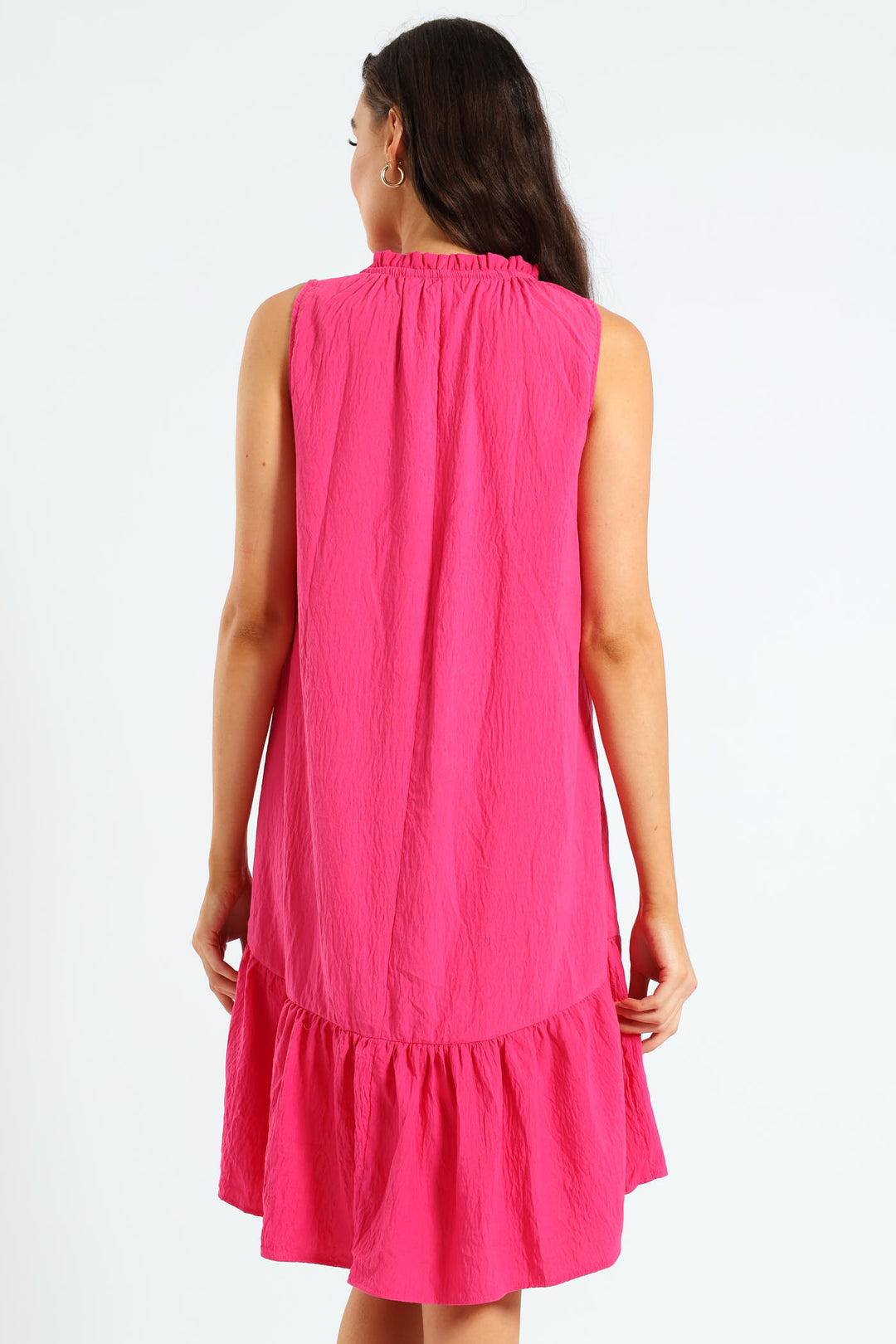 Frill Neck Drop Hem Dress - Fuchsia