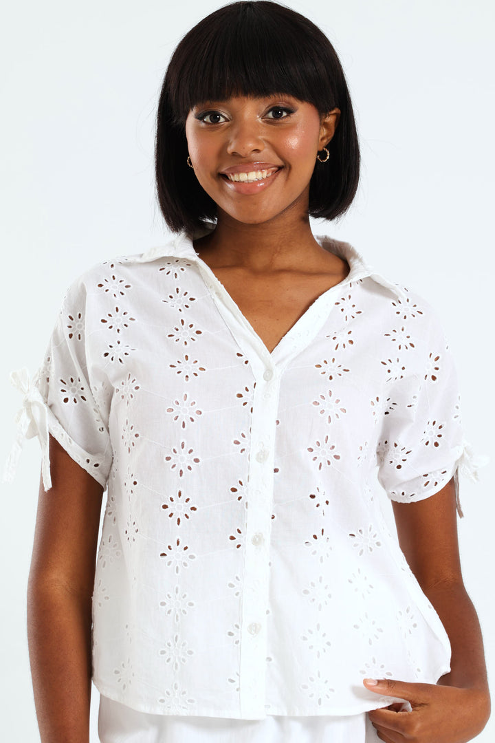 Tie-Sleeve Anglaise Relaxed Shirt - White