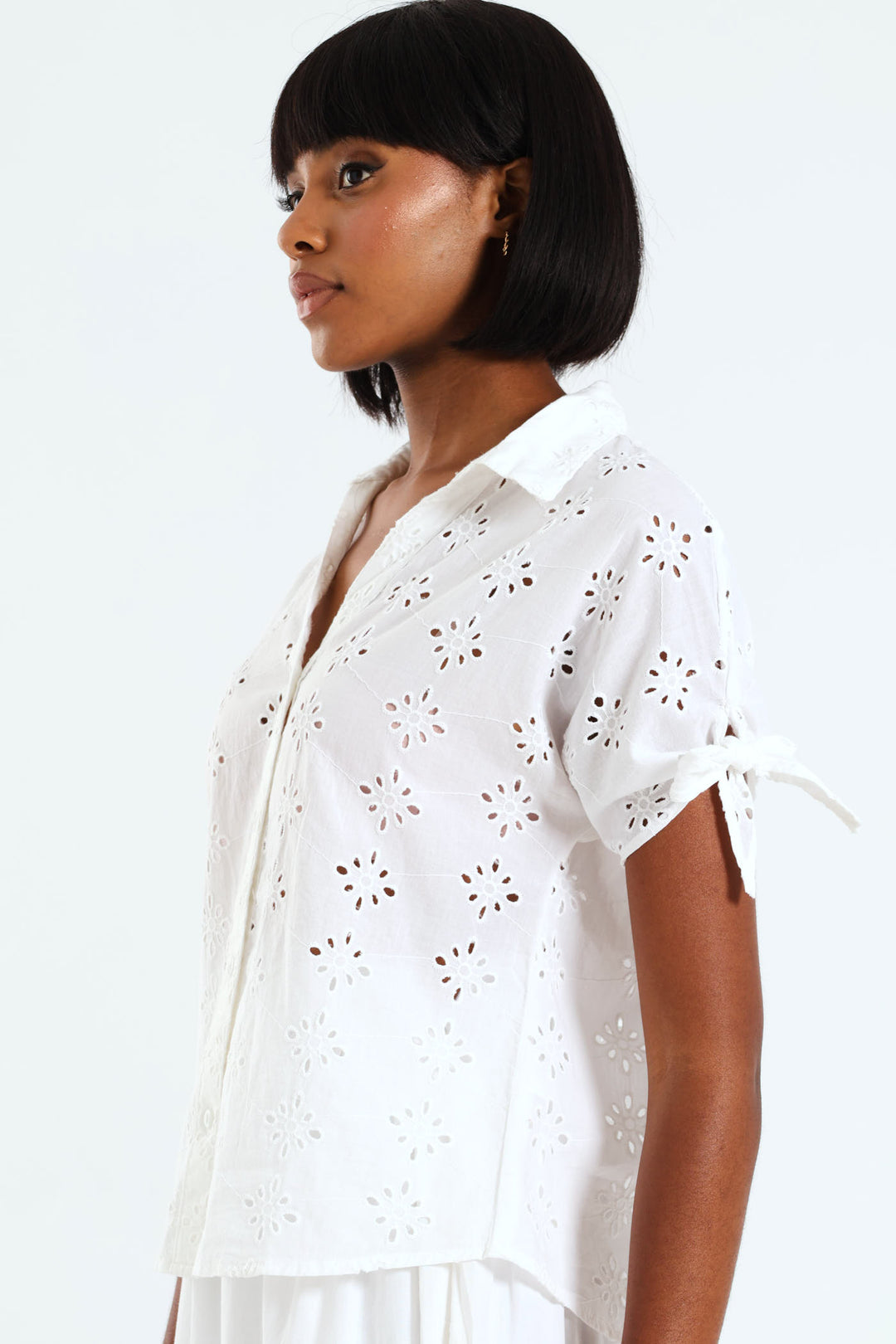 Tie-Sleeve Anglaise Relaxed Shirt - White