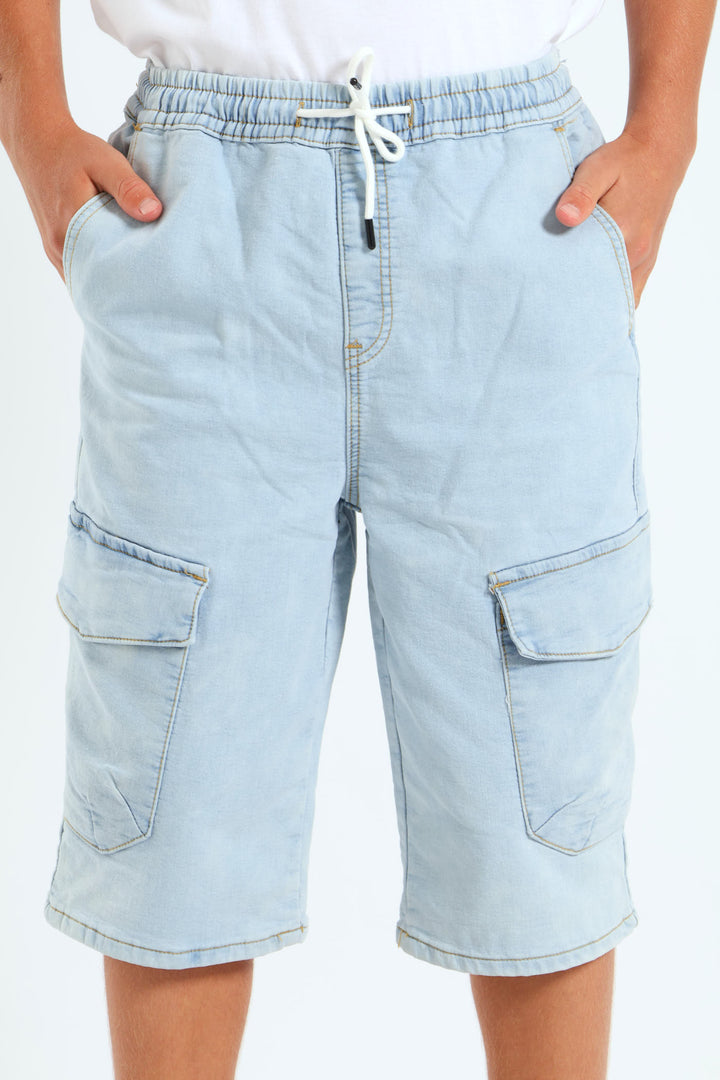 Boys Cargo Knit Denim Shorts - Light Blue