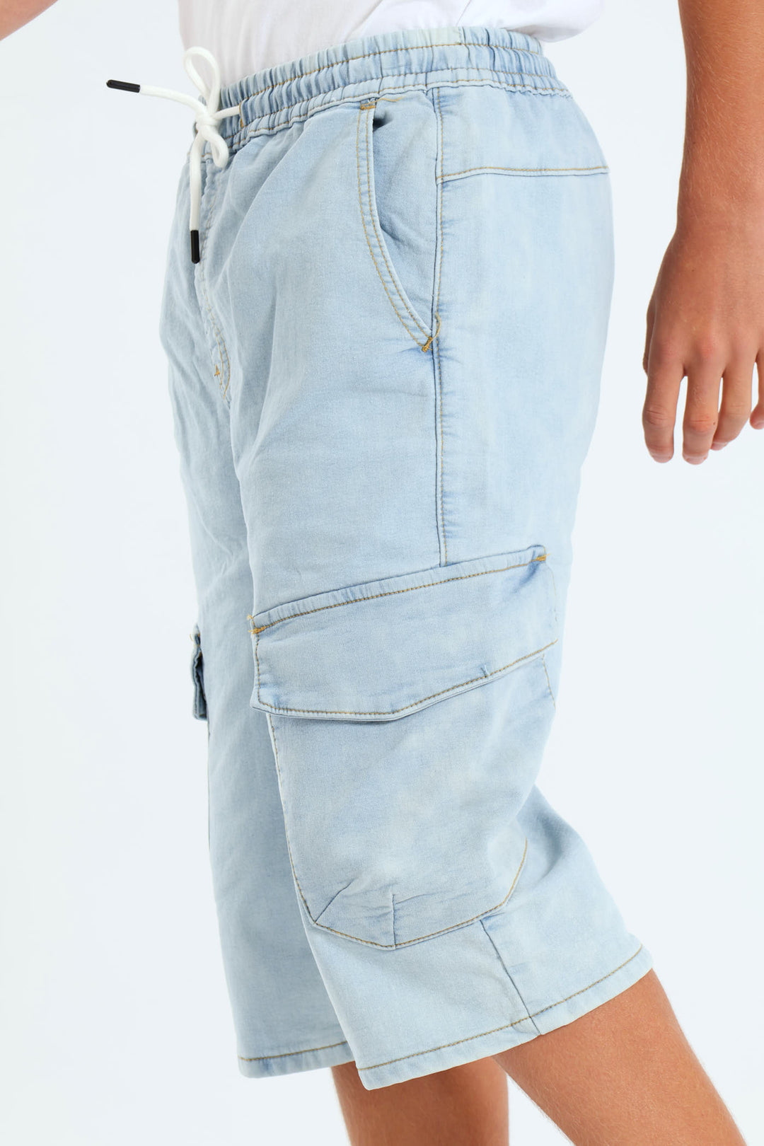 Boys Cargo Knit Denim Shorts - Light Blue