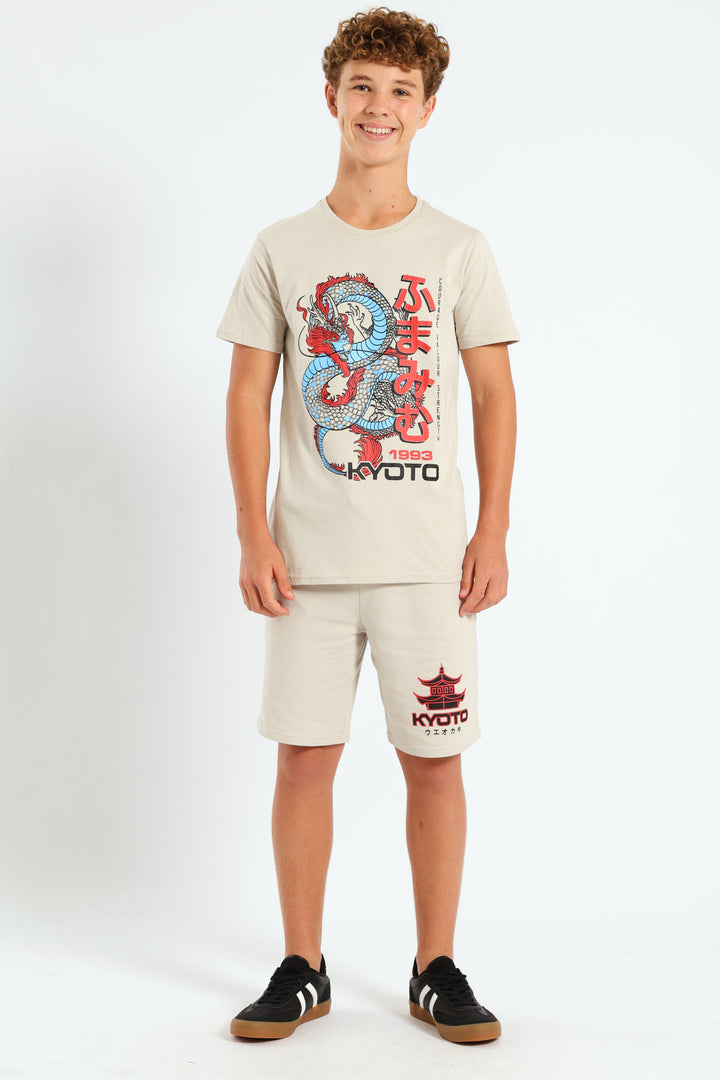 Boys Dragon Print Tee - Stone