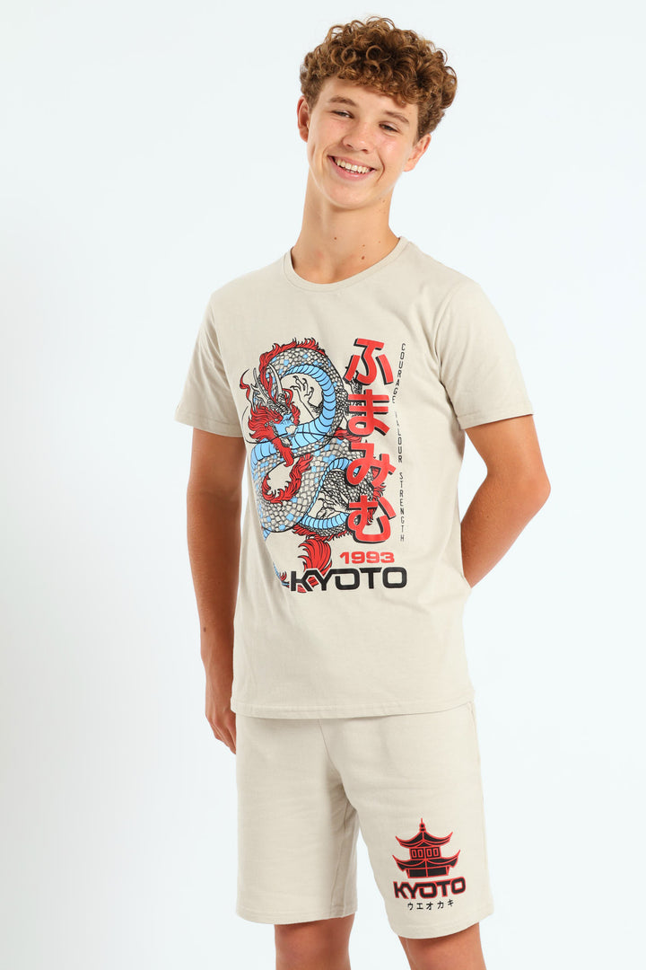 Boys Dragon Print Tee - Stone