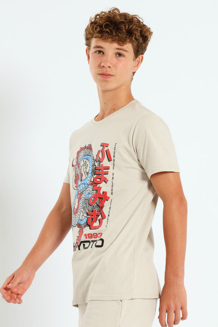 Boys Dragon Print Tee - Stone