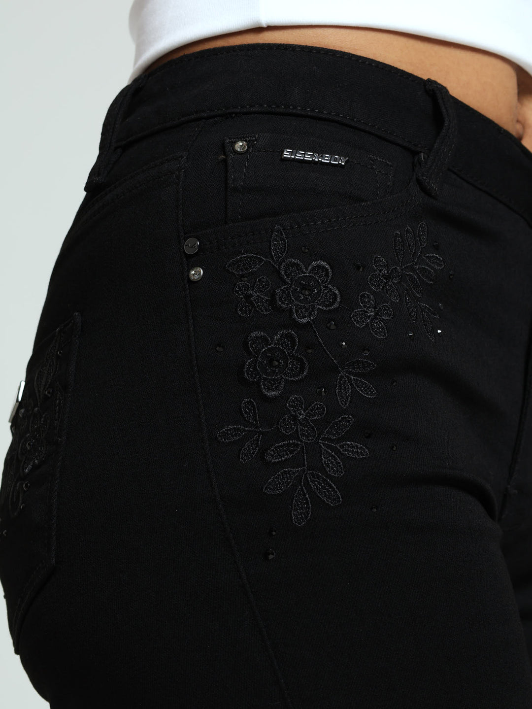 Mid Waist Bootleg With Crochet Detail - Black